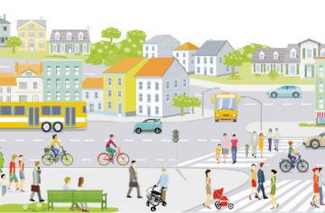 Illustration de ville où l'on retrouve plusieurs modes de transports: autobus, vélo, motocyclette, véhicules et personnes qui se déplacent à pied
