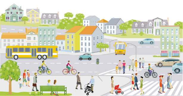 Illustration de ville où l'on retrouve plusieurs modes de transports: autobus, vélo, motocyclette, véhicules et personnes qui se déplacent à pied